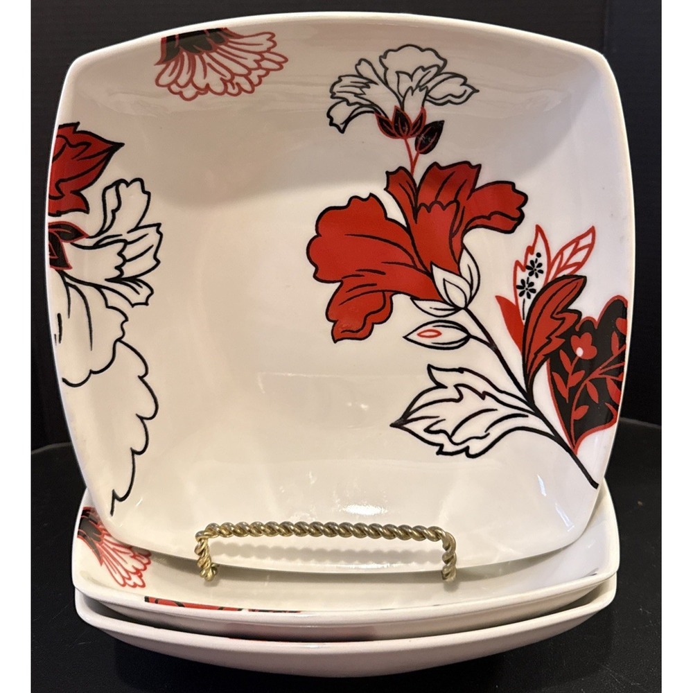 Coventry Porcelain Salad Soup Bowls Velvet Bouquet Set of 3 Red Black‎ Floral